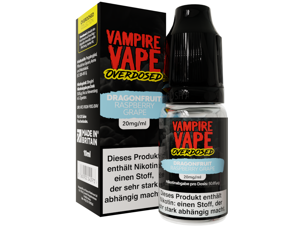 Vampire Vape - Overdosed - Dragonfruit Raspberry Grape - Nikotinsalz Liquid 20 mg/ml 10er Packung